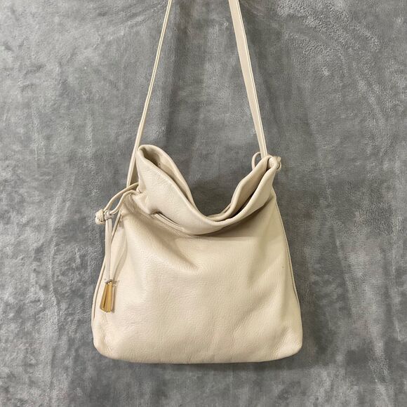 Americana by Sharif  Pebbled Leather Shoulder Bag Ivory drawstring * - Picture 1 of 16